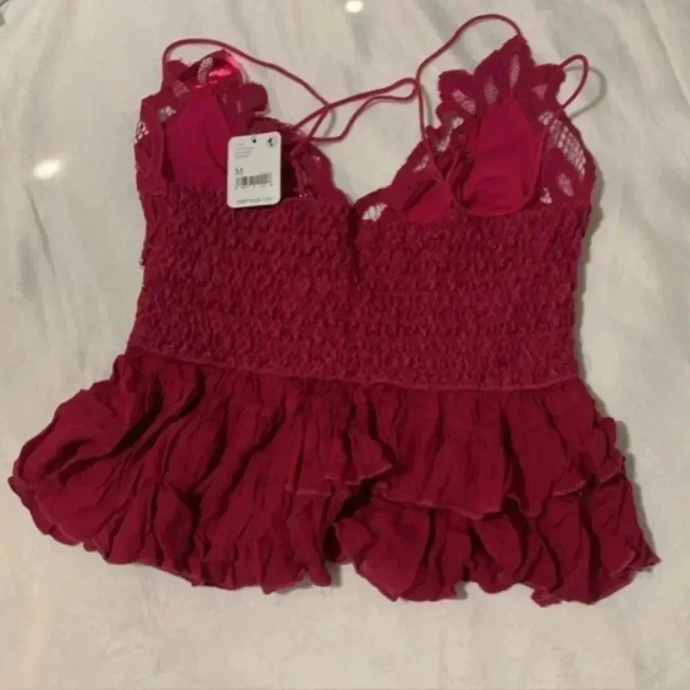 Free People Intimately Adella Ruffled Lace Cami‎ Rose Hypnotic Pink Medium